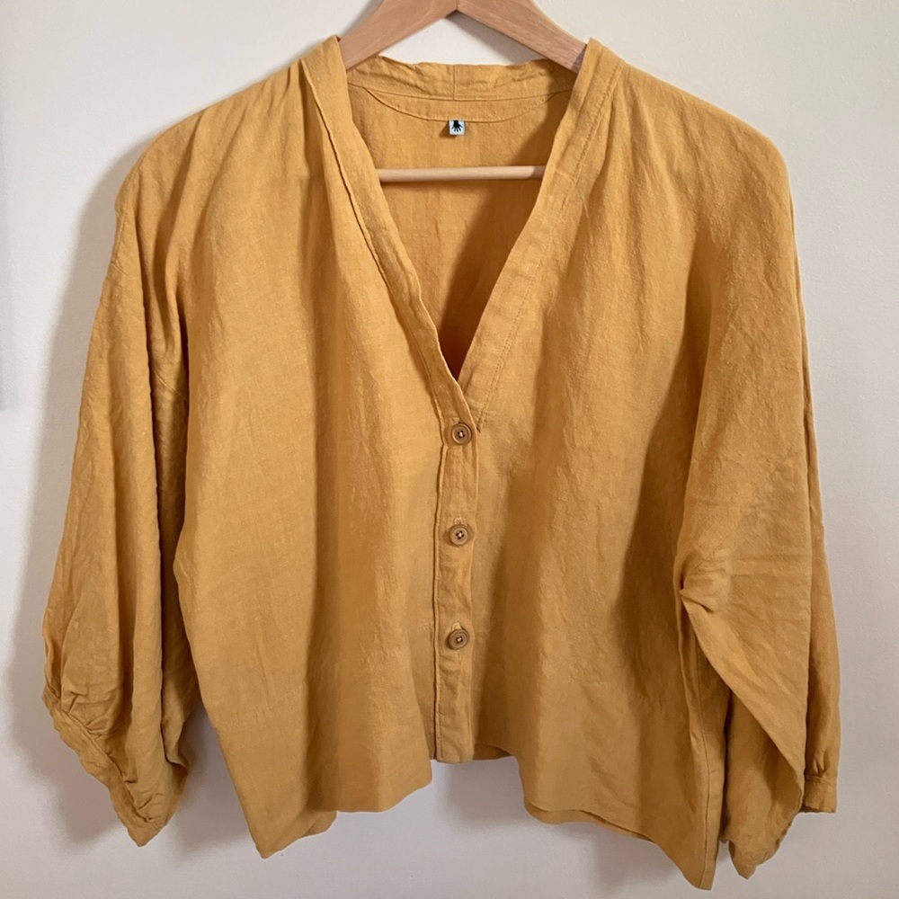 Memade puff sleeve linen cropped top